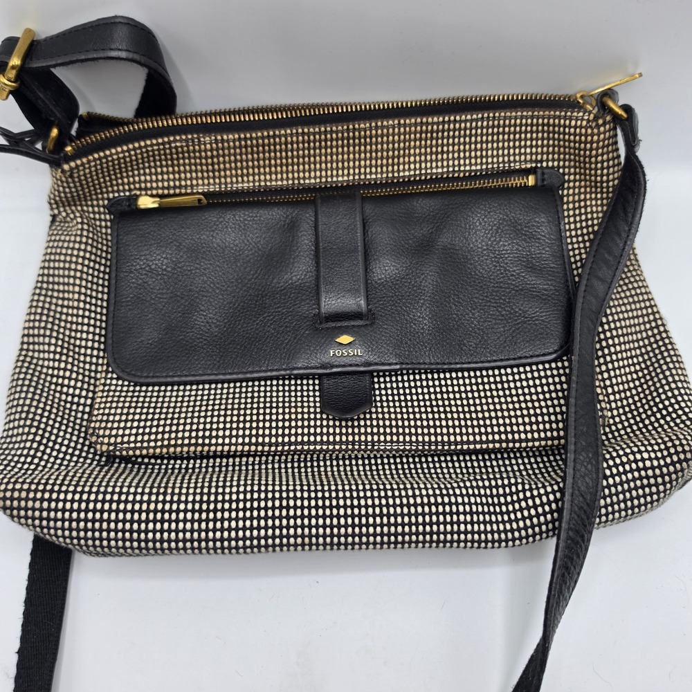 Fossil Crossbody Bag Black Cream Woven Fabric Leather Messenger Brass Hardware